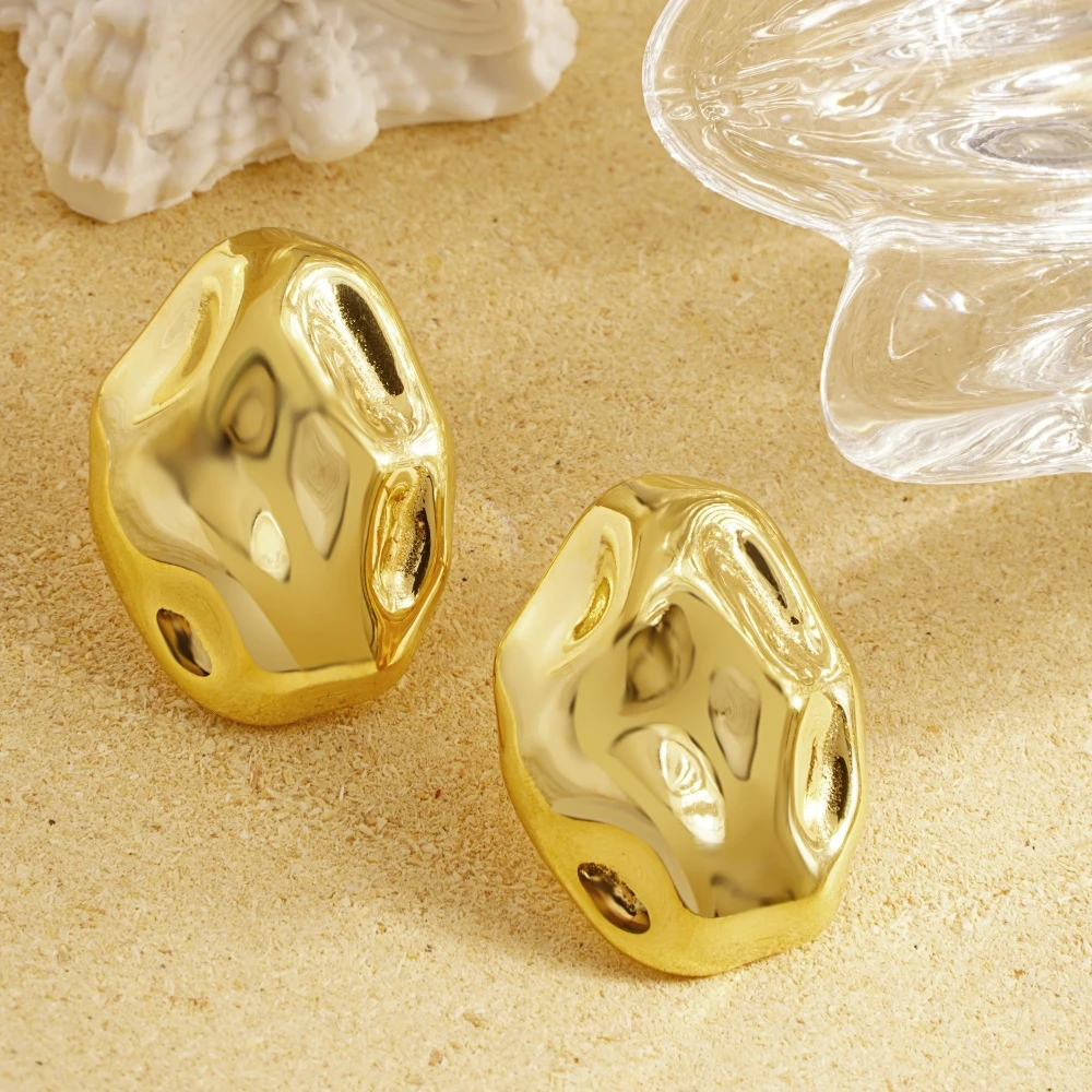 钛钢耳饰 欧美小众复古不规则褶皱耳钉女士气质个性不锈钢金属风