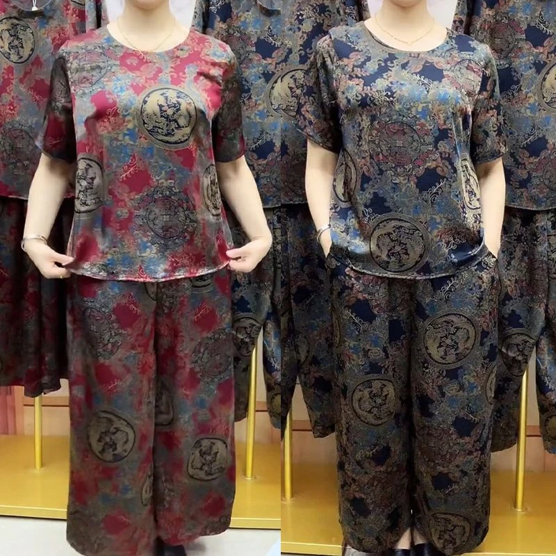 2025夏季新款中国风时尚套奶奶装短袖T恤宽松休闲阔腿裤两件套女