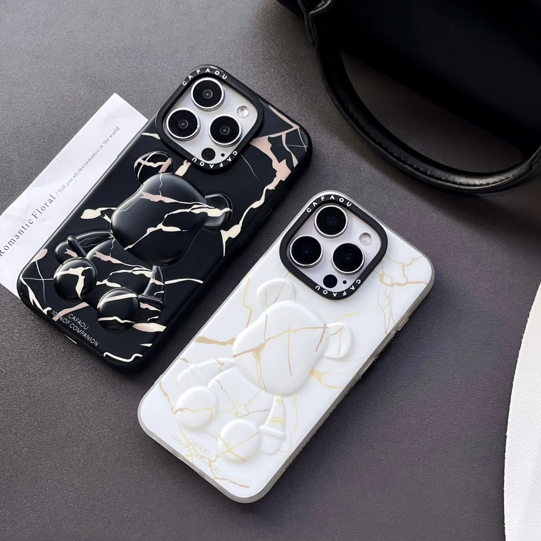 黑白大理石纹小熊适用苹果16promax手机壳iPhone15男女13创意立体