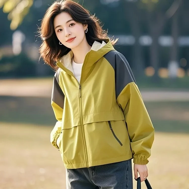 2025春季高级感超好看独特漂亮冲锋衣女休闲百搭芥末黄色连帽外套
