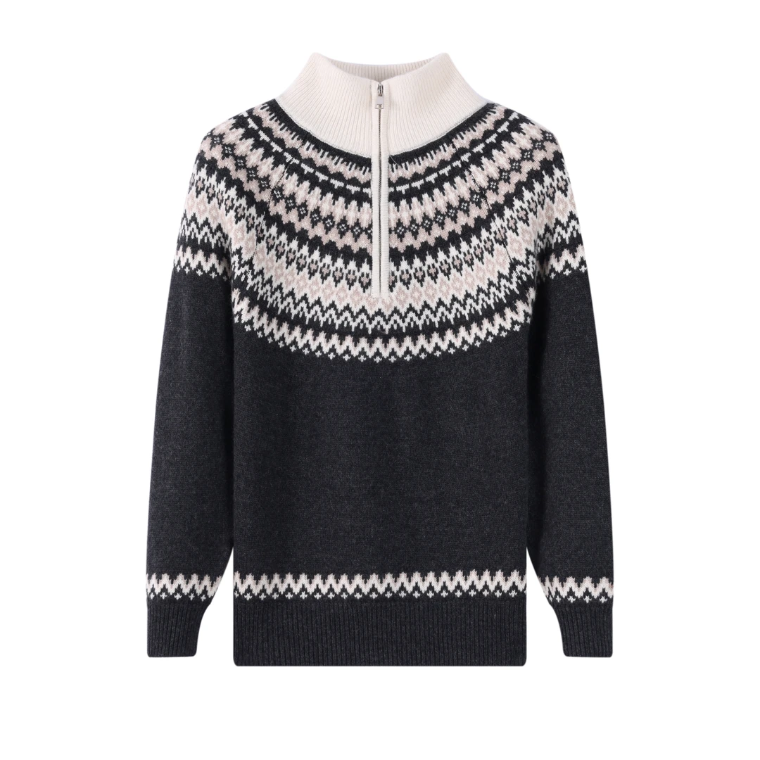 【芬芬姐专属】费尔岛立领时尚复古花纹半拉链针织衫24875