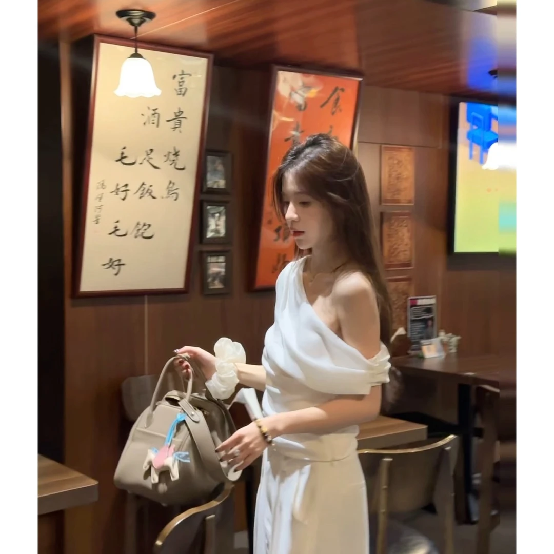 夏日清甜〜斜肩短袖T恤高腰显瘦阔腿裤女度假风天丝亚麻套装A002