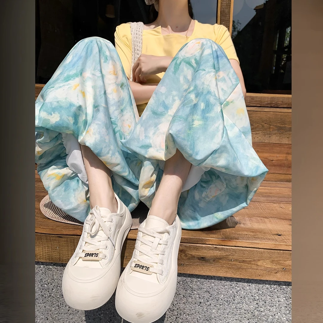 印花花苞裙裤女夏季薄2025新款休闲小众设计感宽松显瘦冰丝阔腿裤