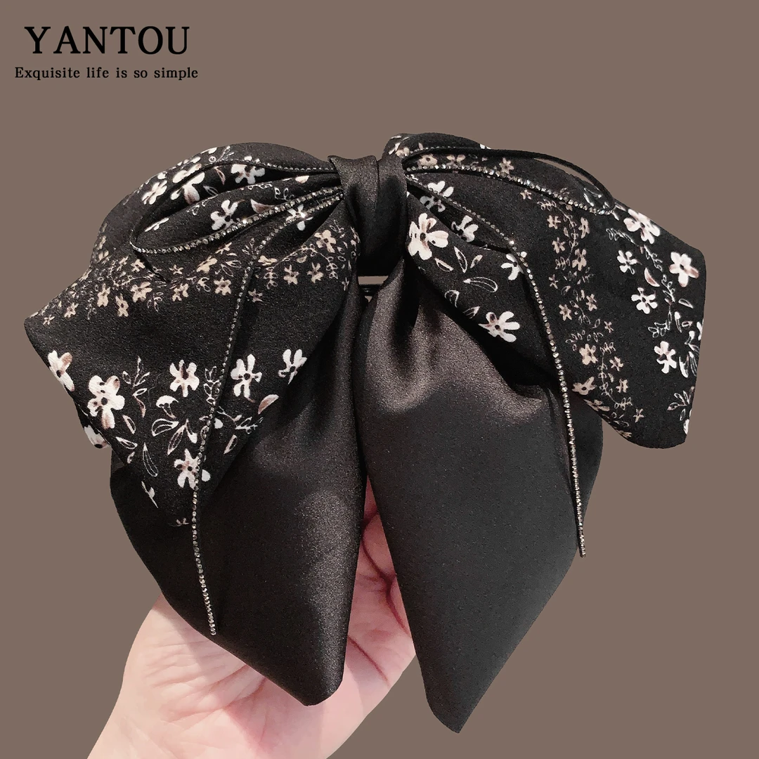 法式碎花蝴蝶结飘带抓夹女赫本风马尾夹半扎发夹后脑勺盘发鲨鱼夹