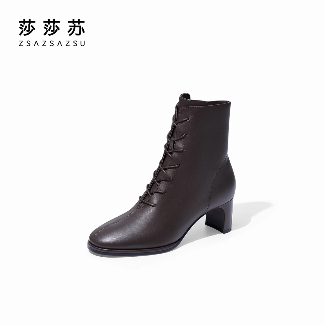 莎莎苏秋冬系带百搭保暖时装靴职场高跟靴真皮法式短靴ZA43519-43