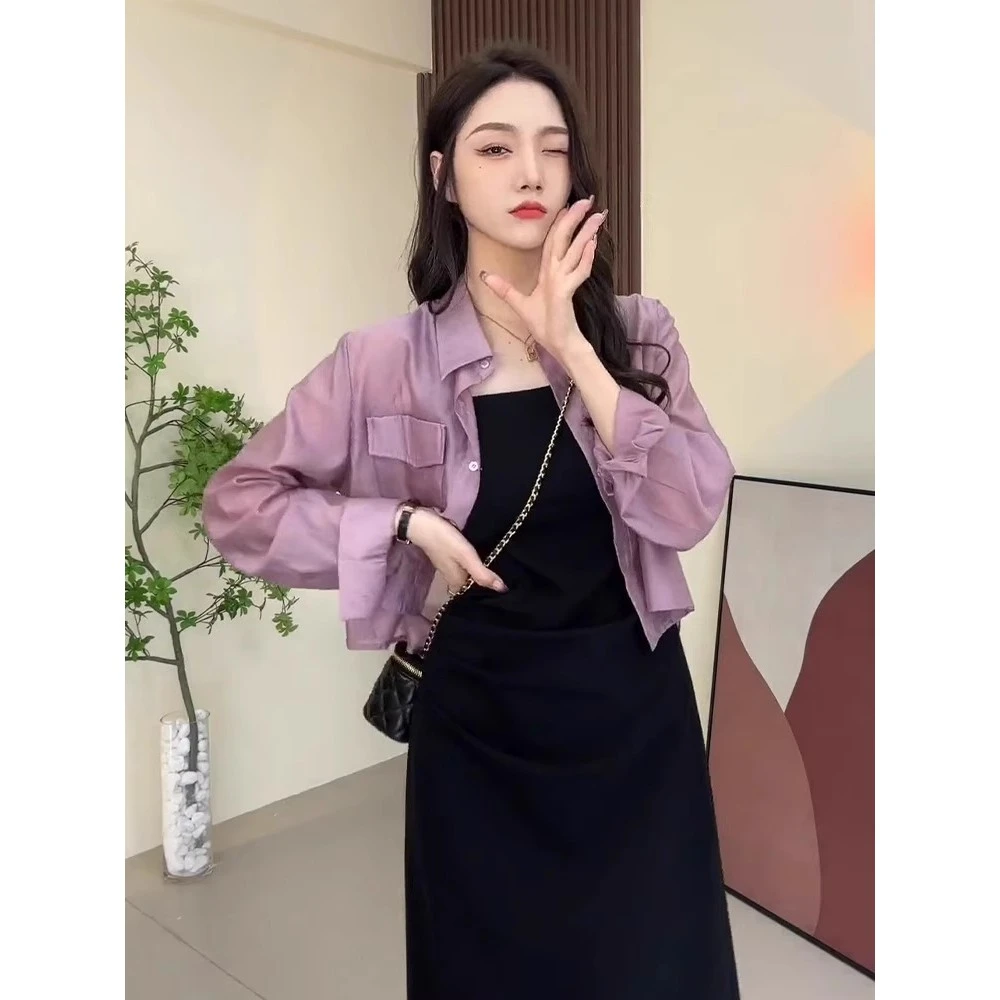 高级感紫色冰丝防晒衬衫开衫薄款女款夏天配吊带裙的小外搭防晒衣