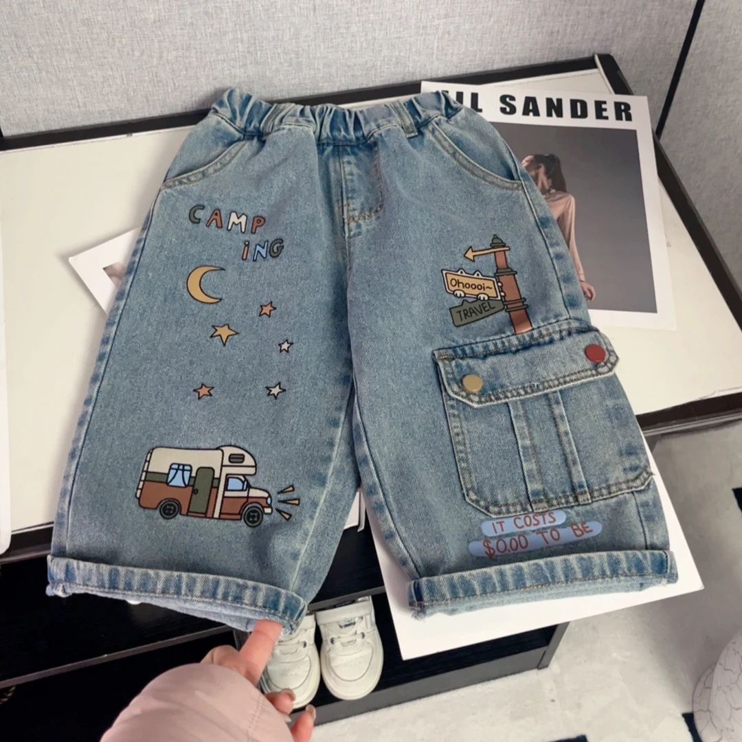 儿童牛仔裤2025新款春季男童卡通涂鸦直筒休闲裤中小童宽松阔腿裤