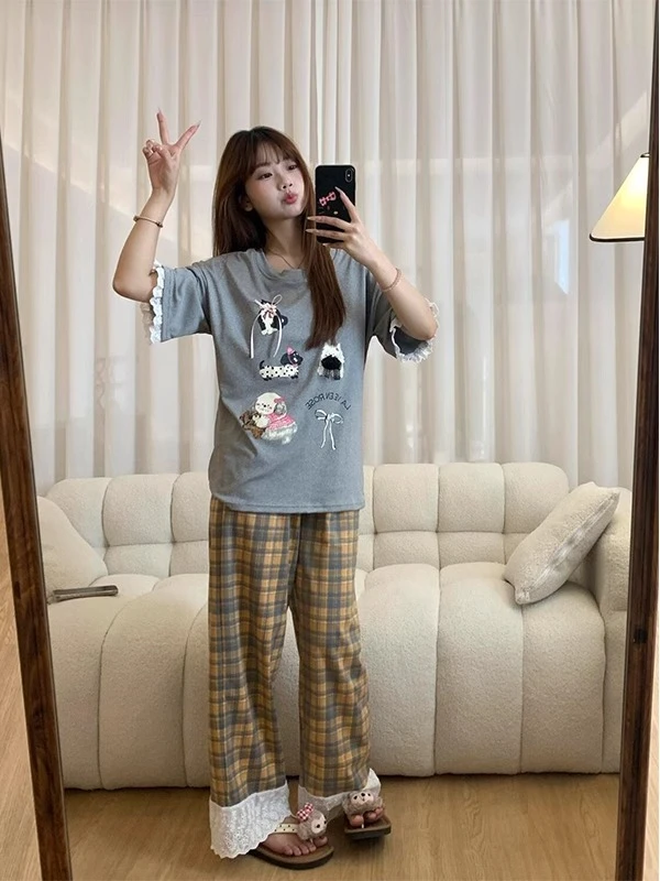 【DMXJ大梦想家】韩系可爱卡通印花睡衣女夏季款蕾丝长裤家居服套装