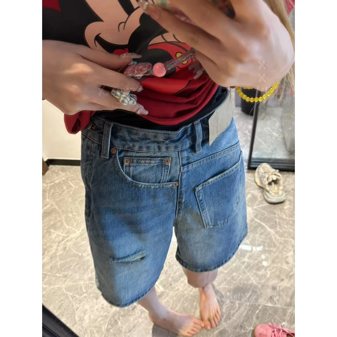 重工旋转破洞直筒牛仔五分裤女2025夏季新款设计感简约风百搭短裤