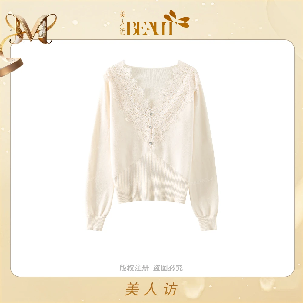 美人访【难以抗拒】女人味领口蕾丝花边针织套头毛衣打底10559