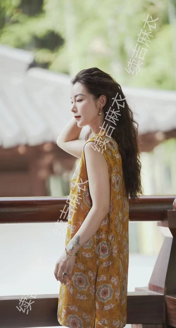 夏-续吉麻衣25-1297【盈兔追花】国风新中式复古印花中长款无袖旗袍