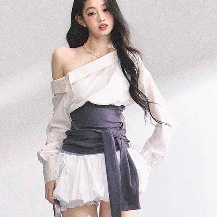 法式斜肩辣妹长袖T恤上衣套装夏季新款收腰设计花苞裙两件套百搭