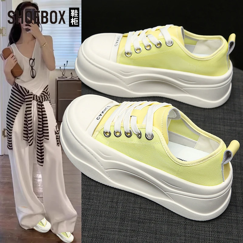 SHOEBOX鞋柜百搭小白鞋女2025夏新款单网厚底轻便大头休闲鞋女