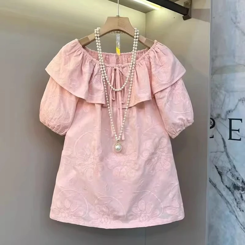 2025夏季新款小清新穿搭娃娃领系带减龄设计感胖妹妹韩系短袖上衣