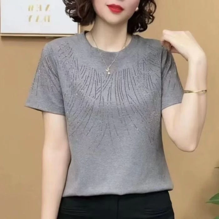 直播款2024夏季新款时尚宽松显瘦气质纯色烫钻洋气短袖女士T恤衫