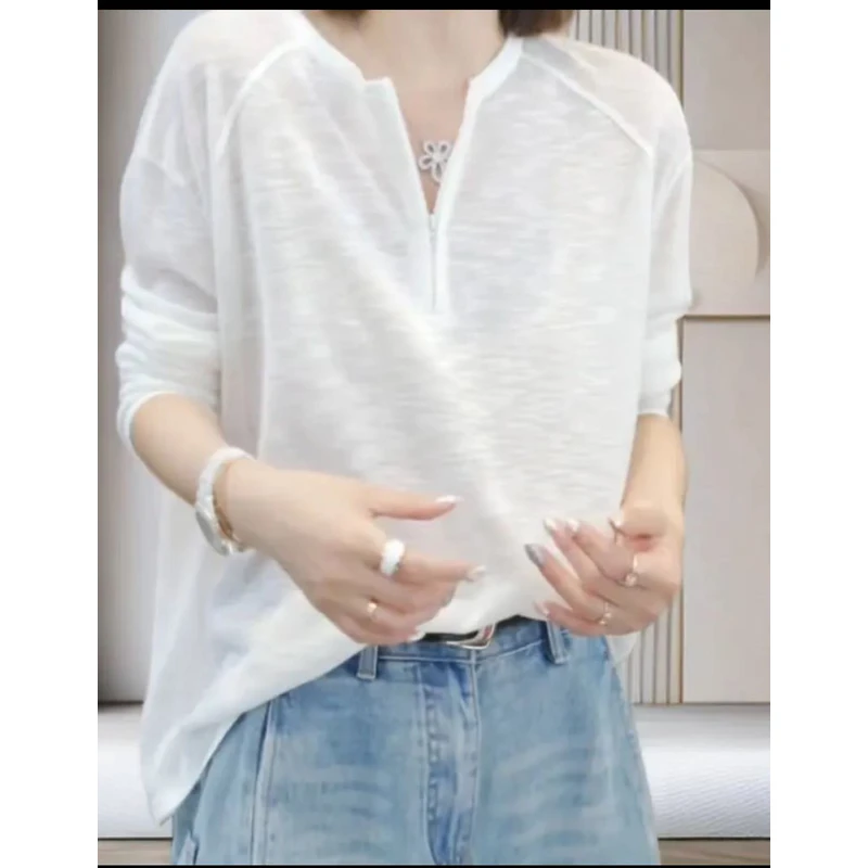 【季尾清仓】夏季圆领百搭防晒薄款宽松显瘦慵懒风时尚长袖上衣2533