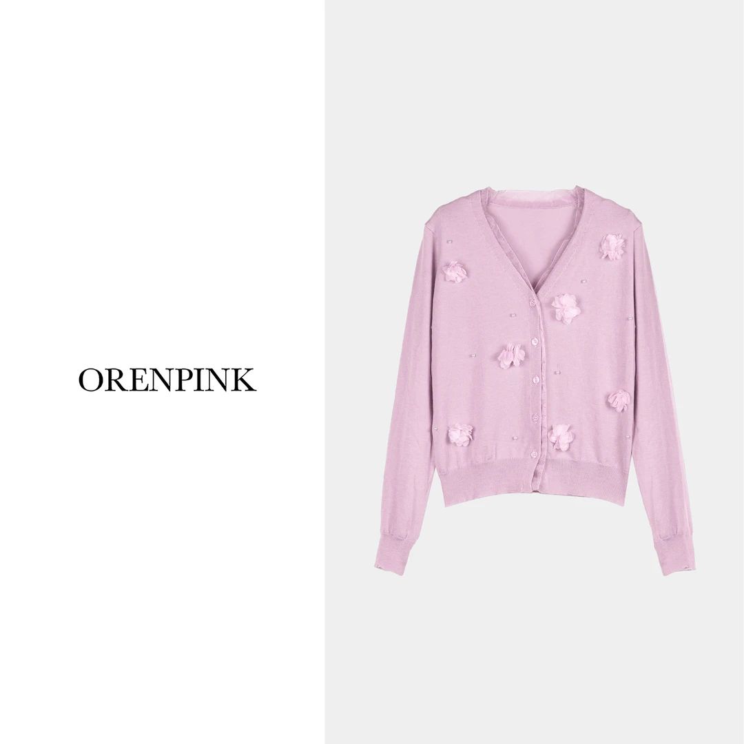 OREN PINK/奥粉春秋款”花园锦簇“立体花朵女装针织毛衣