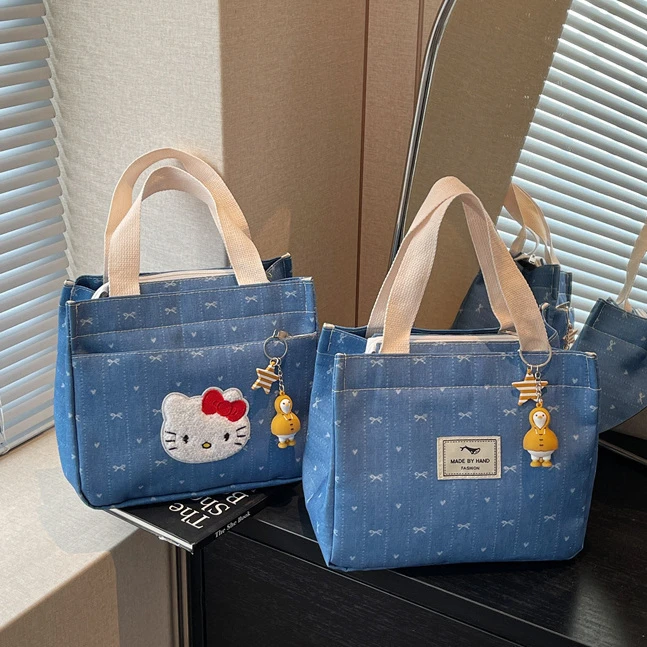 通勤便当包新款卡通可爱kitty猫收纳包女大容量休闲牛仔布手提包