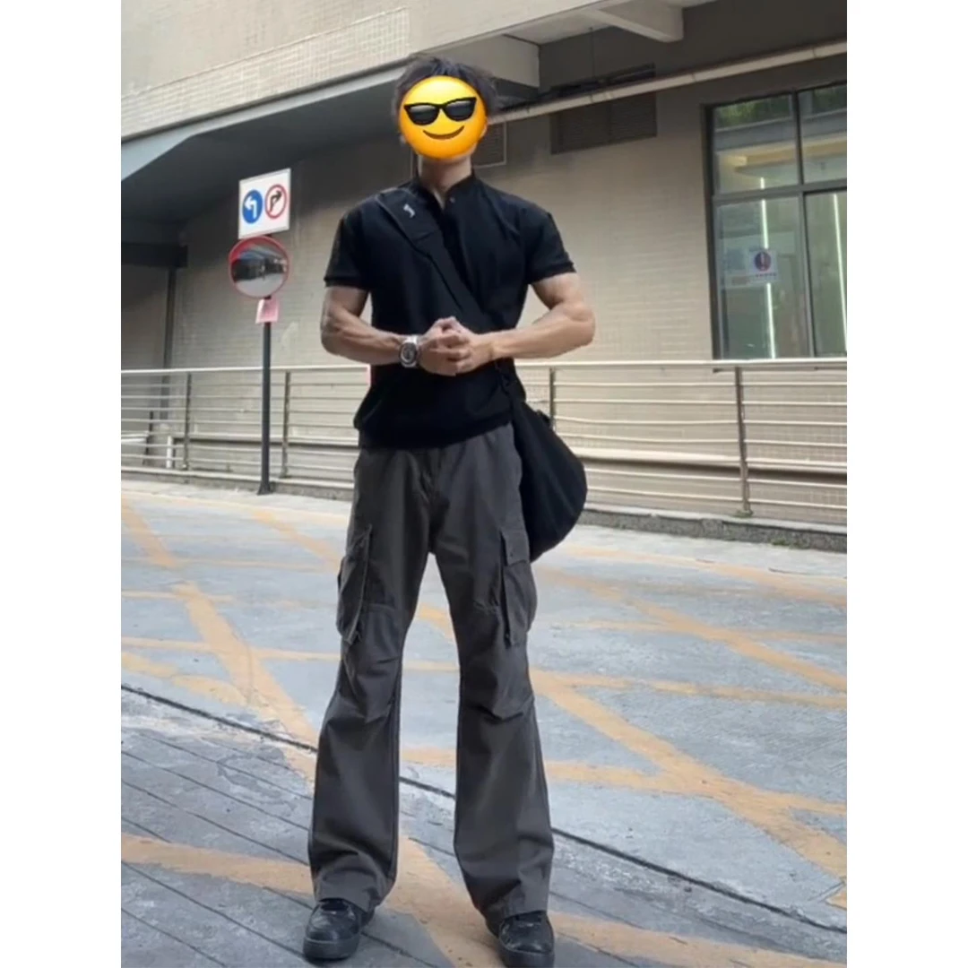 水洗做旧灰色微喇工装裤男款秋美式褶皱伞兵直筒裤高个子加长裤子