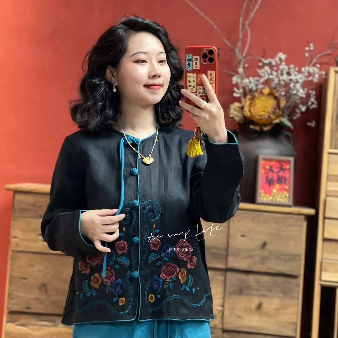羊在在民族风中国风刺绣小衫女改良禅意对襟亚麻上衣SY25GY104