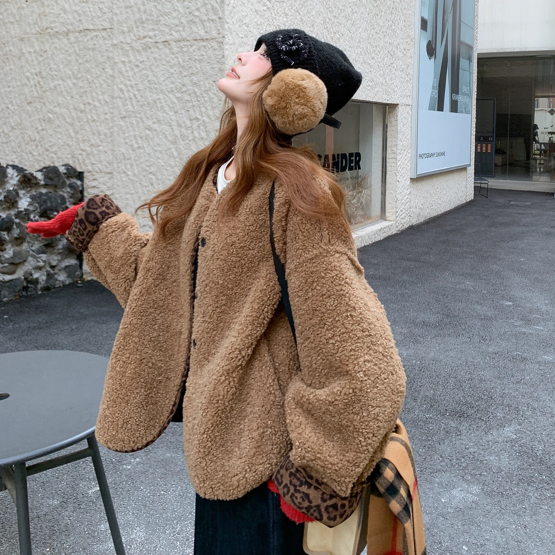 两面穿皮毛一体豹纹棉服外套女冬季新款韩系chic氛围感小个子棉袄