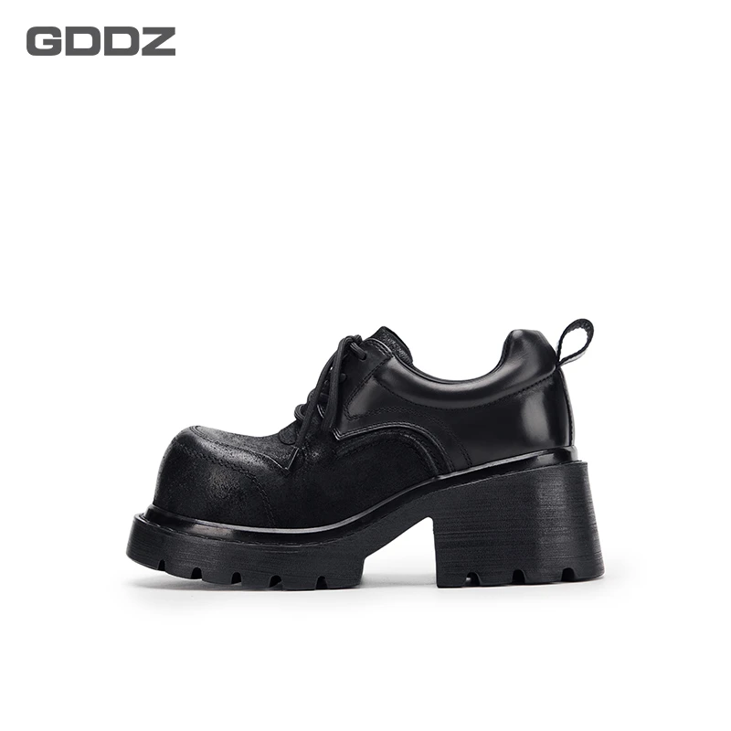 松糕厚底乐福鞋皮带扣粗高跟增高复古单鞋系带小皮鞋GD-250805