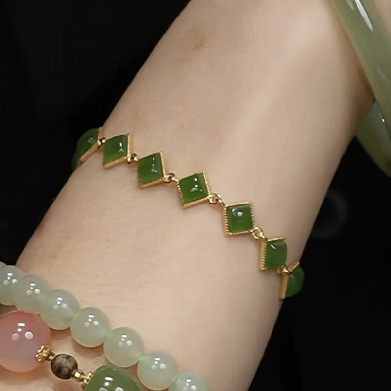 【秋秋】天然和田玉碧玉手链银925棱形镶嵌可调节时尚轻奢绿色123