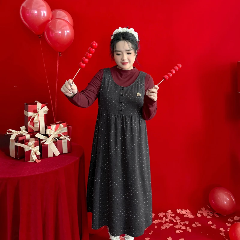 DC7087大码女装【挚爱波点背心裙】新年氛围感早春遮肚显瘦连衣裙子