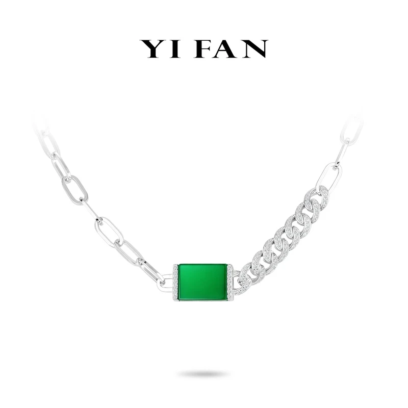 坠链均925银合成锆石 2653-绿方形环环相扣百搭时尚项链