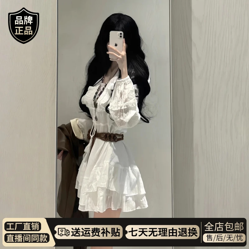 波西米亚白色长袖衬衫连衣裙子女秋季2026年新款海边度假气质长裙