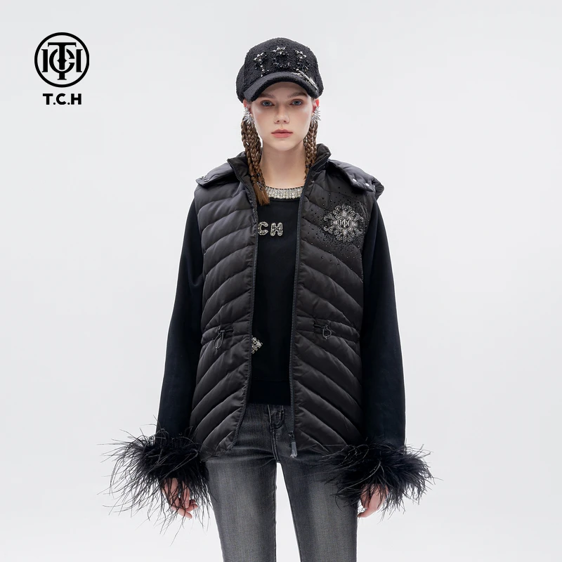 TCH 轻奢潮牌收腰显瘦保暖马甲女可拆卸帽时尚T72D258003