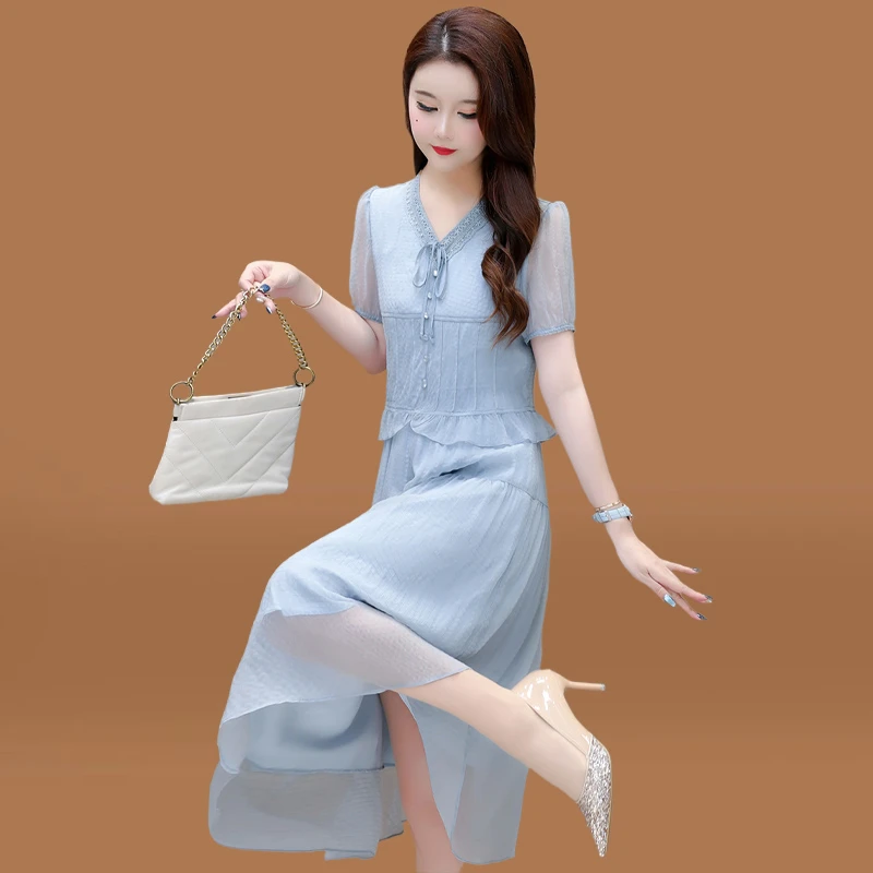 雪纺裙子女夏季新款高档洋气品牌连衣裙度假出游大摆高级感中长款