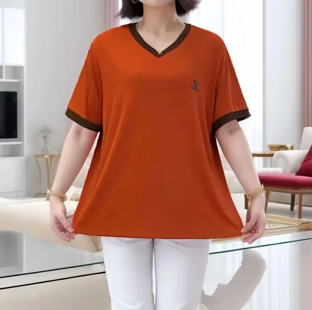 2025夏季薄款宽松大码百搭拼接V领纯色透气短袖T恤女士时髦小姨风
