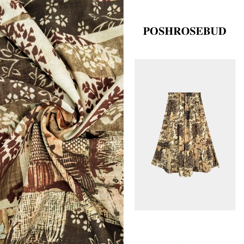 POSHROSEBUD设计师复古印花高腰大摆气质女装半身裙-T05010