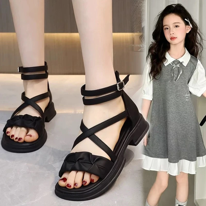 女童凉鞋2025春夏新款黑色编织罗马鞋中大童女夏季百搭休闲沙滩鞋