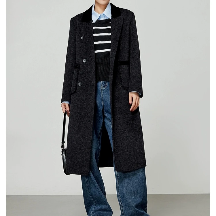 DY6309【上新】黑色高级感长款大衣简约精致气质撞色单排扣外套3D