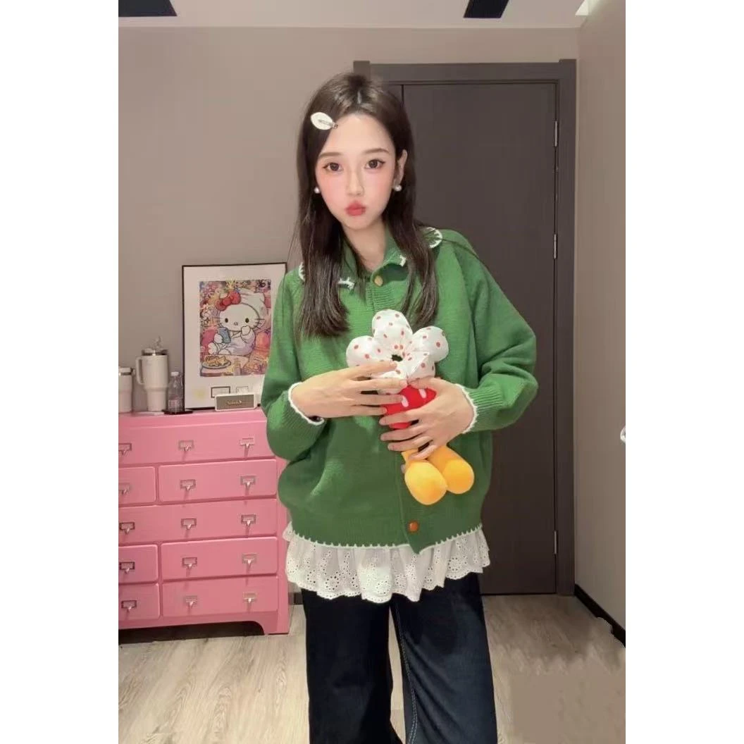 韩版慵懒风翻领短款毛衣开衫春秋款设计感纽扣小众气质针织衫外穿