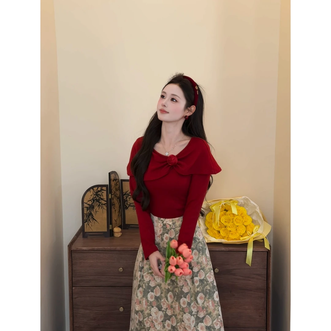 【暖邂】<77>大翻领玫瑰胸花上衣+印花A字裙XMZH10060+XMZH10061