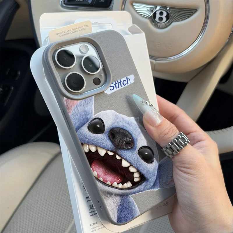 大脸史迪仔适用苹果16p/15手机壳iPhone14promax13荔枝纹12软11