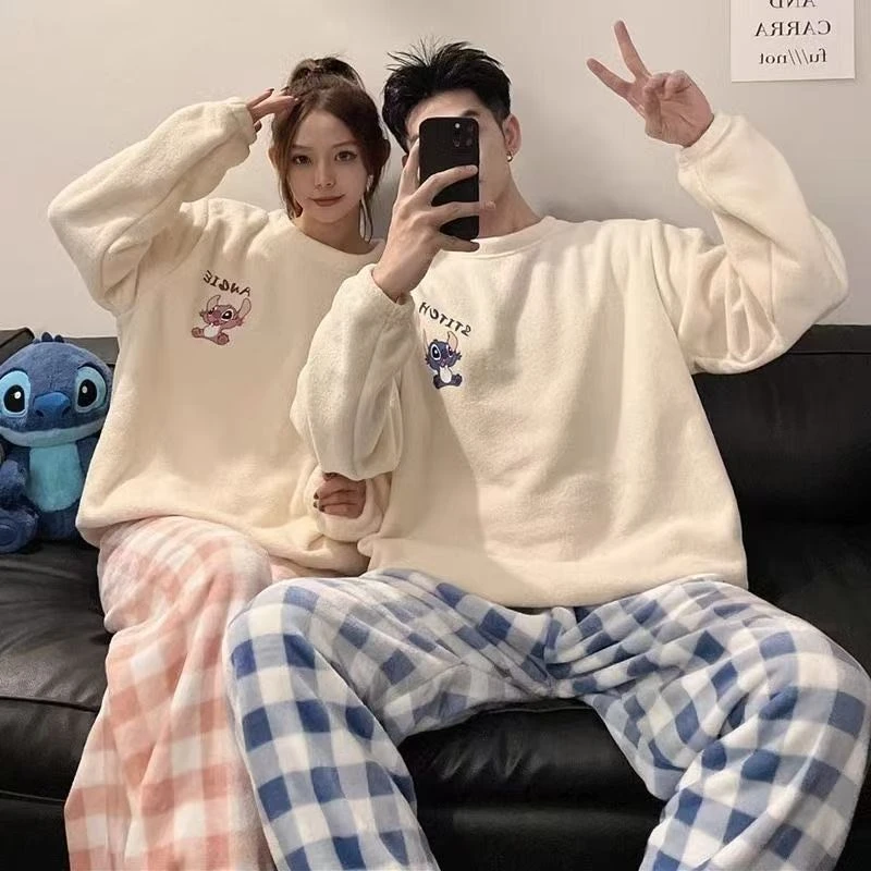 半边绒情侣睡衣女秋冬季天加厚加绒可爱套装男士珊瑚绒卡通家居服