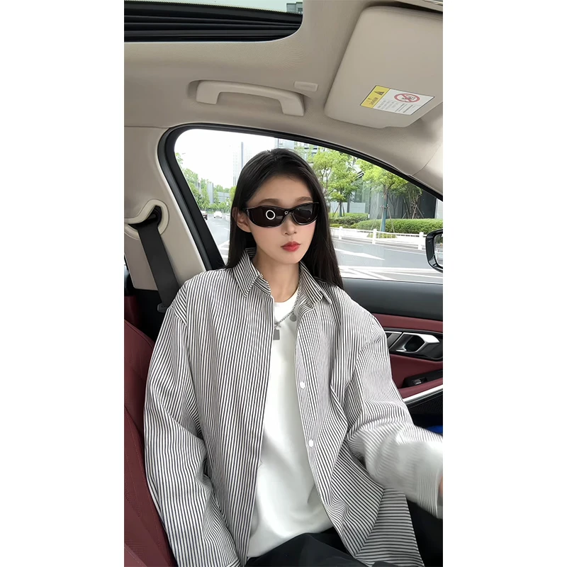 垂感长袖条纹衬衫男秋季潮牌高级感衬衣宽松大码开衫外套休闲上衣