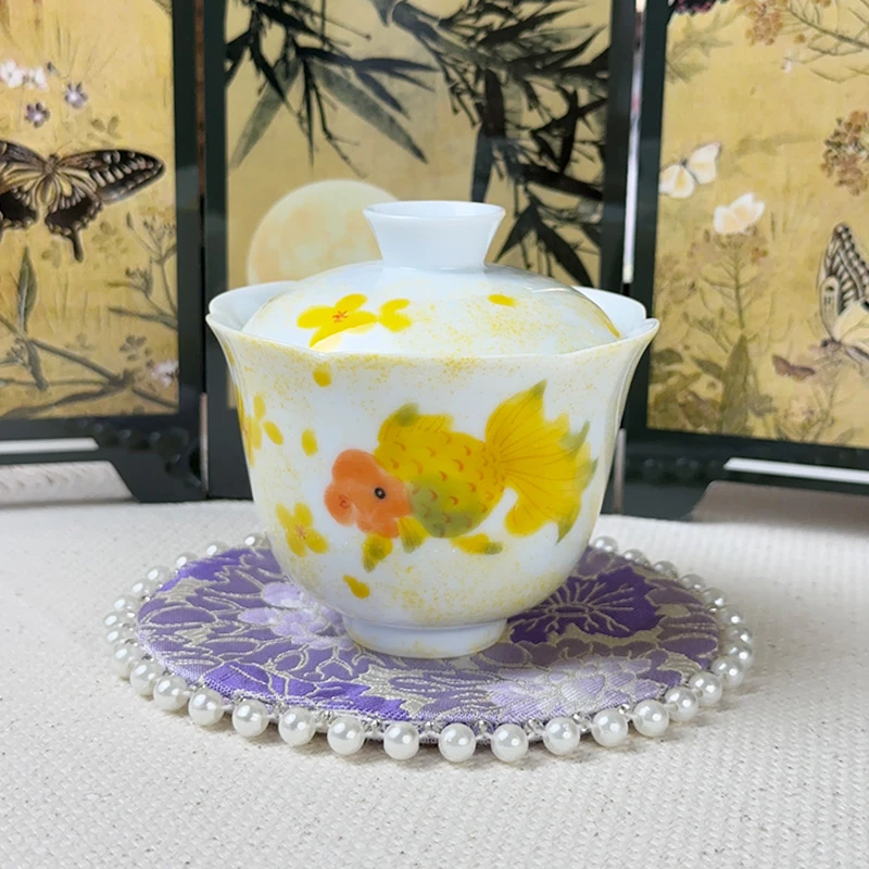釉下彩手绘胖头鱼二才花口盖碗高档功夫茶具泡茶器陶瓷【直播间拍】
