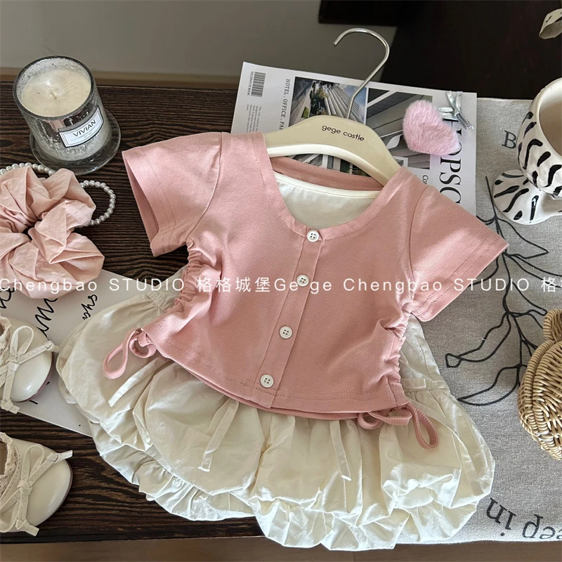 女童夏装短袖套装2025新款韩版花苞裙裤两件套