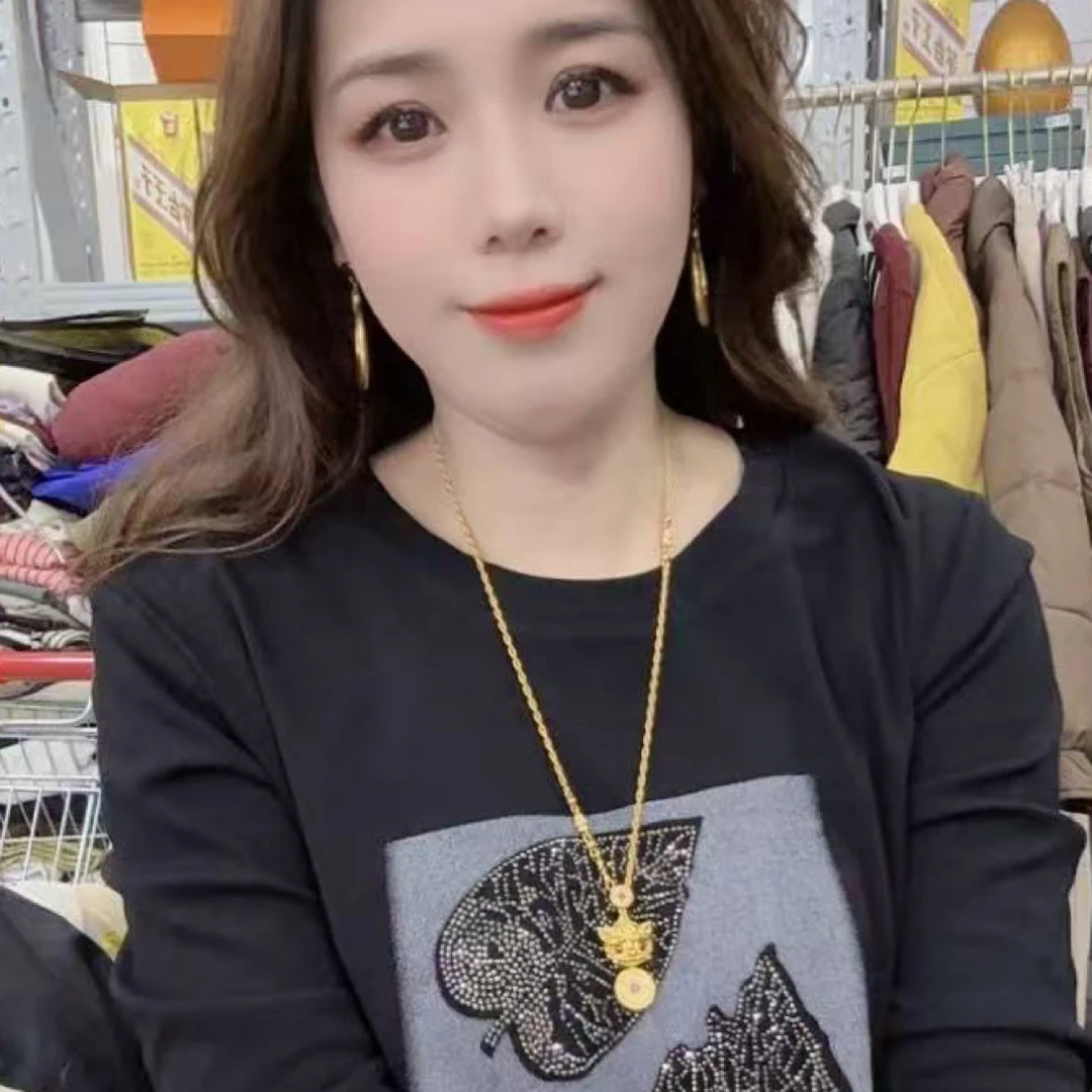 2025新款洋气时尚印花烫钻树叶 欧若风 宽松圆领长袖2006