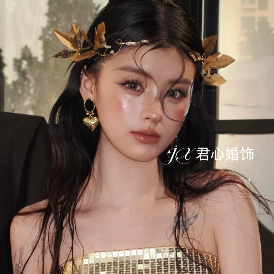 君心家 R3女神金色羽毛树叶手作软藤条发饰发箍新娘饰品