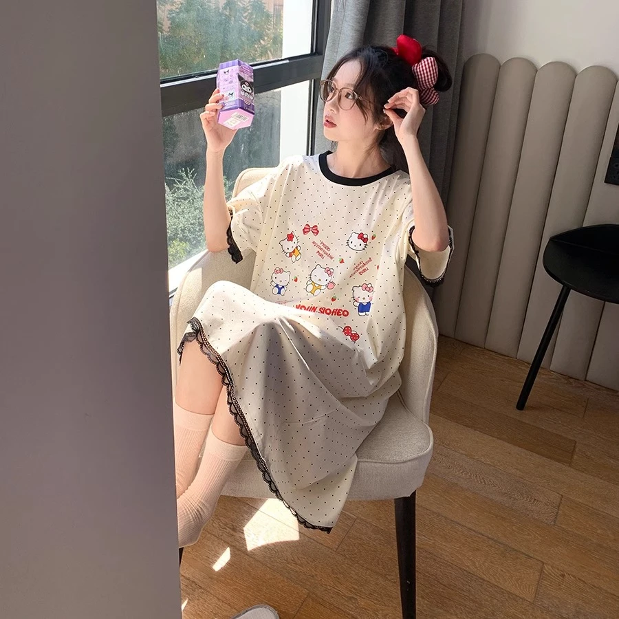 蕾丝边短袖卡通中长款夏季女生睡裙带胸垫宽松韩版薄款睡衣家居服
