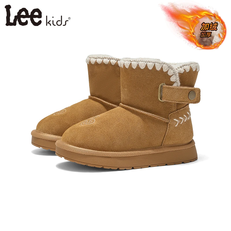 Leekids真皮大棉加绒童鞋冬季保暖雪地靴中筒防滑男女儿童冬鞋子