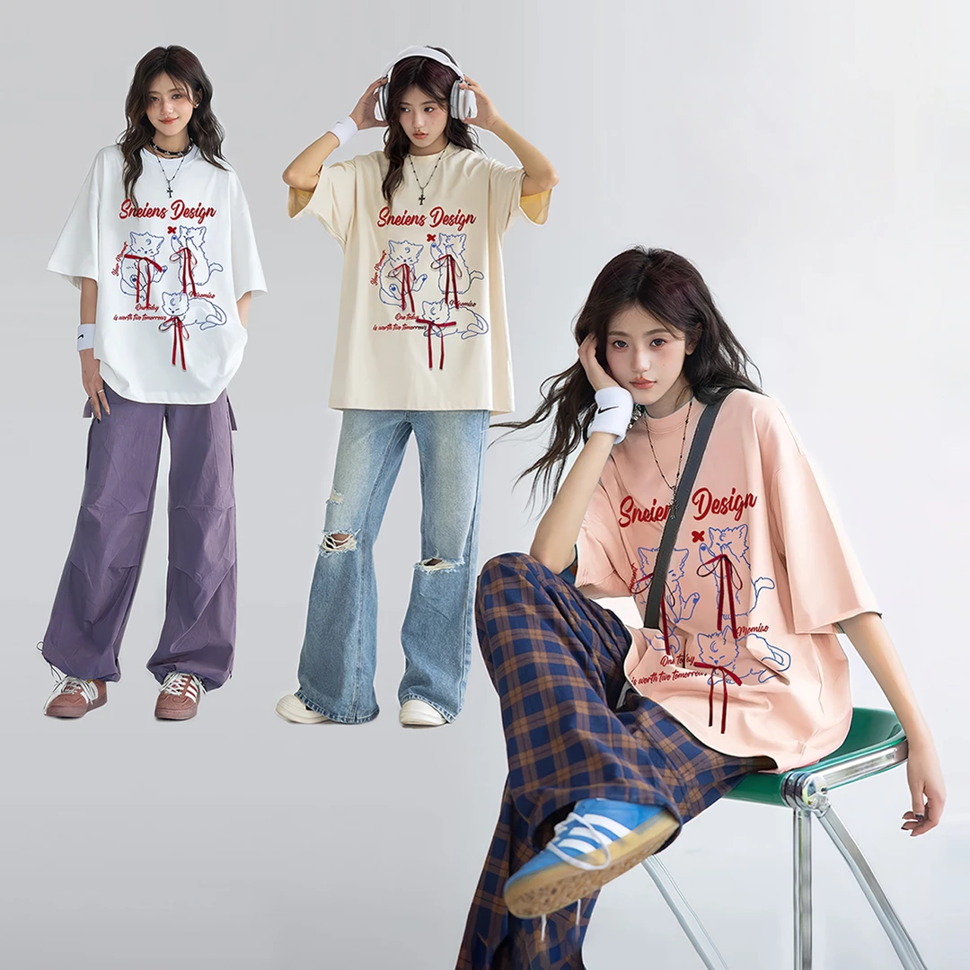 夏季260克重磅纯棉猫咪印花蝴蝶结挂饰小众短袖T恤K3102