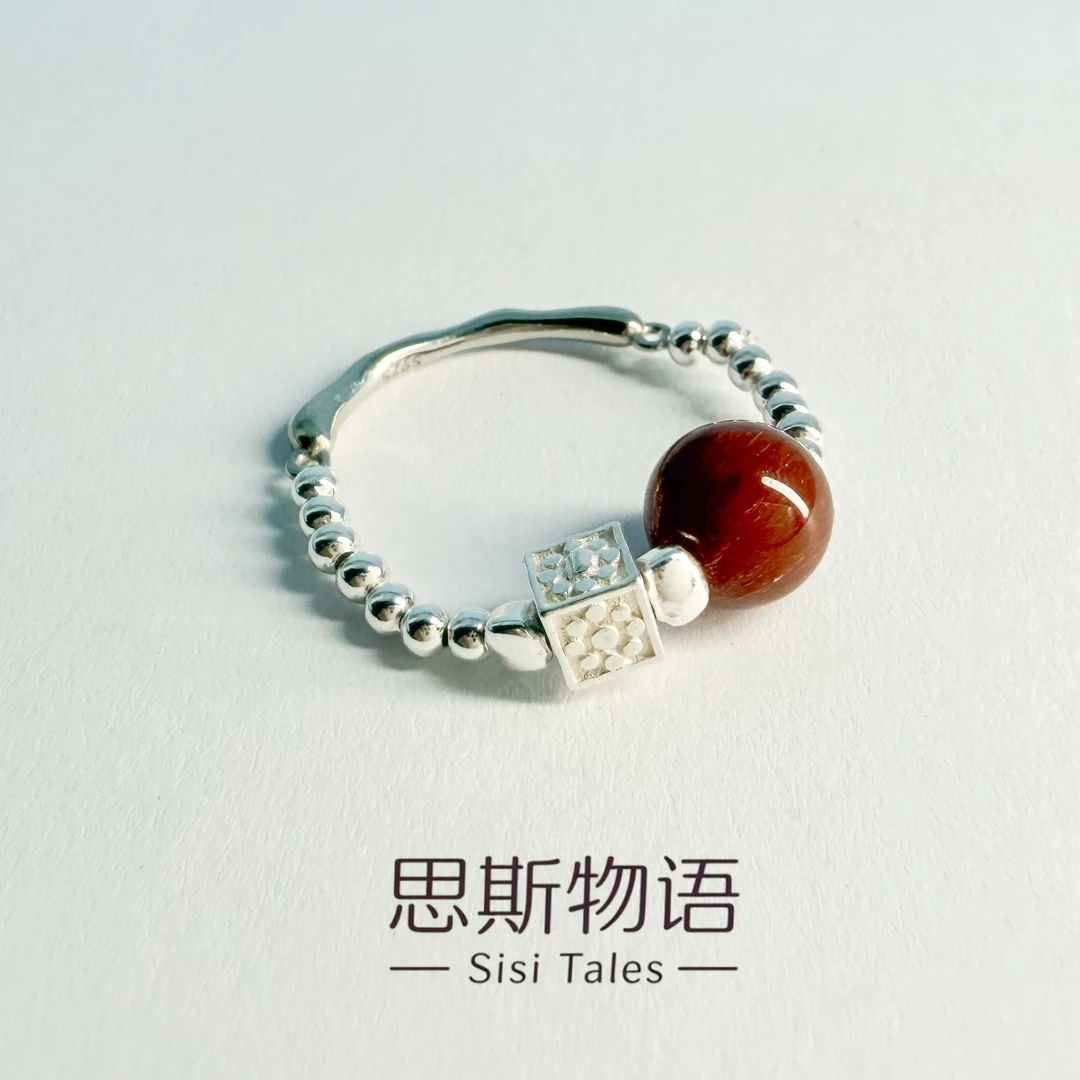 自然明珠 红兔毛戒指 S925水晶戒指 银托 小隔珠