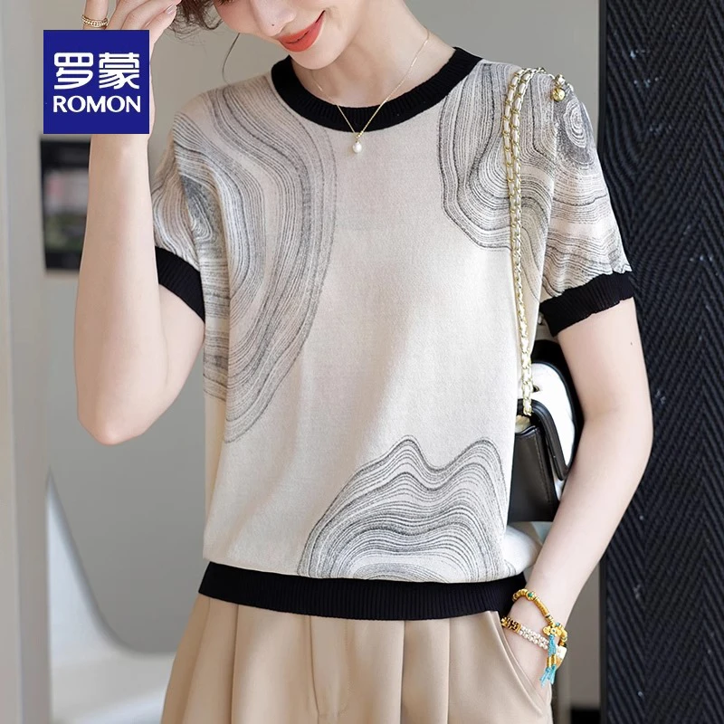 罗蒙短袖妈妈款年轻冰丝小衫2025新款中年女夏装时尚洋气针织T恤
